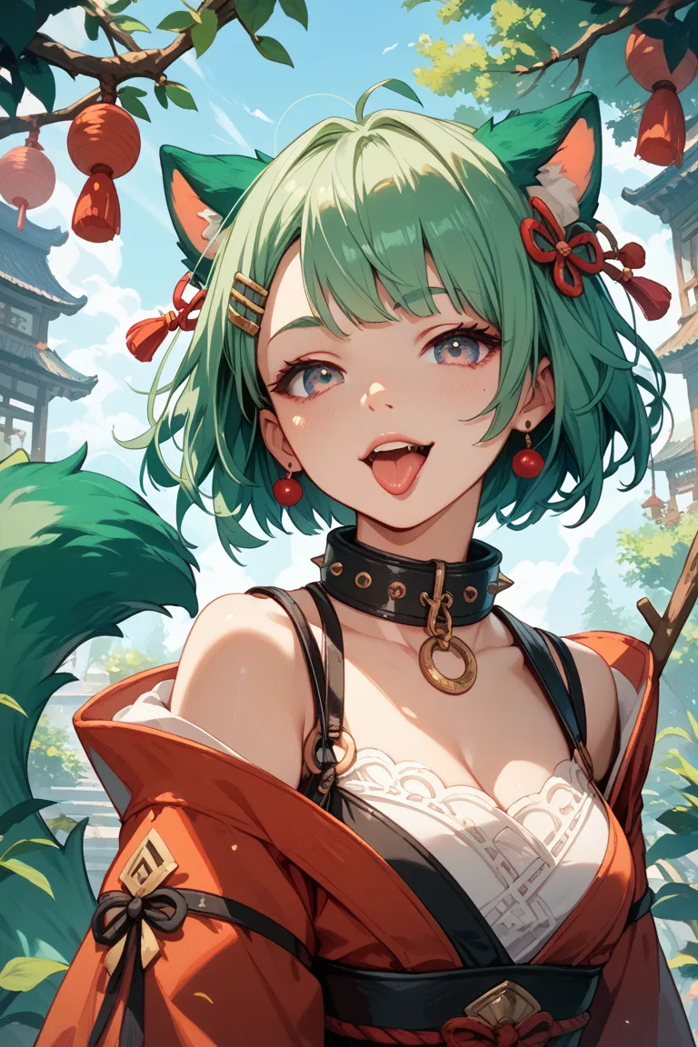 A girl with green hair and a green tail that sticks out her shoulders, wears a collar, and sticks out her tongue