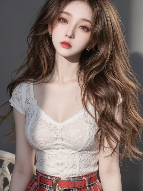 Single, pretty chinese girl ,23 years old, blue eyes, Lips,Light brown long curly hair,Big breasts(d),Big earrings,v-neck lace t-shirt,super short red and white plaid skirt,Don't wear glasses on your head , masterpiece,Best Quality,Jewelry,Ultra high reso...