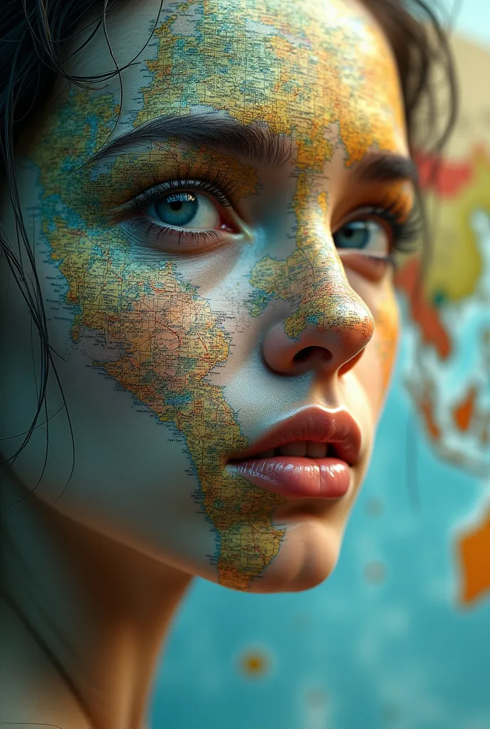 A human face with a map background 