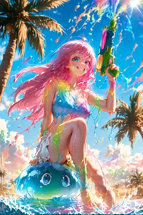 Hitori goto, (8k, HD), 1 girl, alone, long hair, pink hair, blue eyes, shirtless, pink summer bikni, pleasant smile, full body, close view, perfect face, beautiful face, less slime, at Indian street crowdy, looking at viewer, barefoot, wind, clear backgrou...