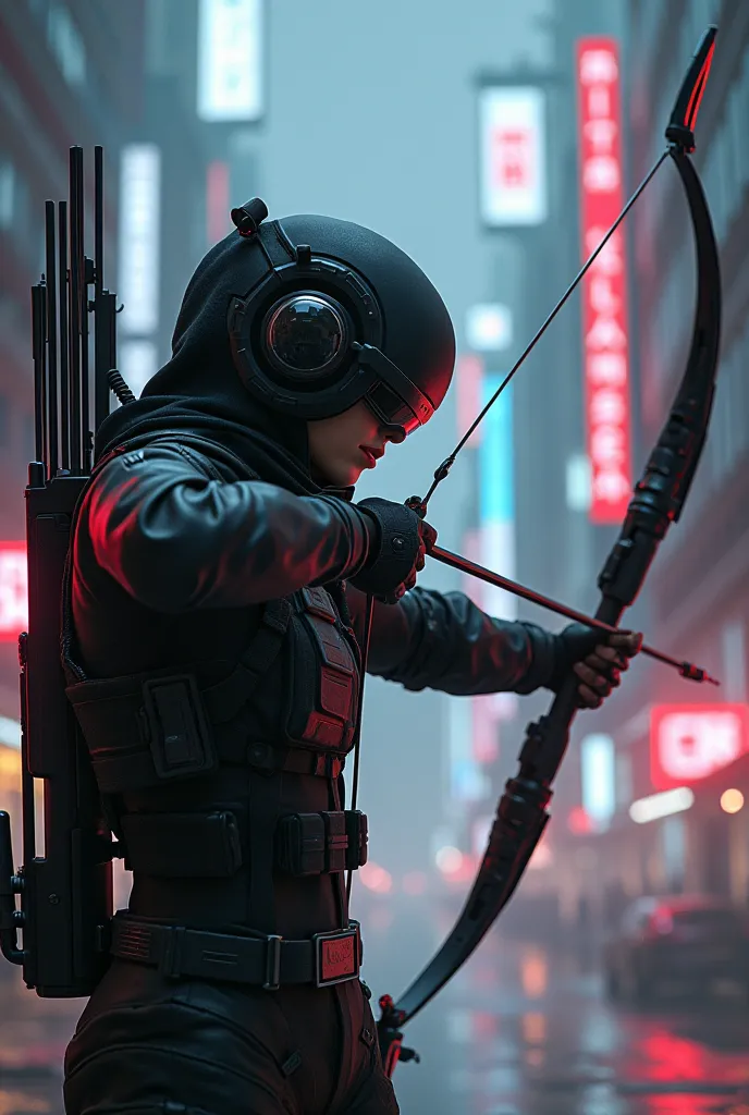 Former elite army sniper,25 ans, Fighting with the aid of a futuristic bow, aujourd'hui tueuse à gages, wearing a kind of monocle of the future in a futuristic cyberpunk-like universe