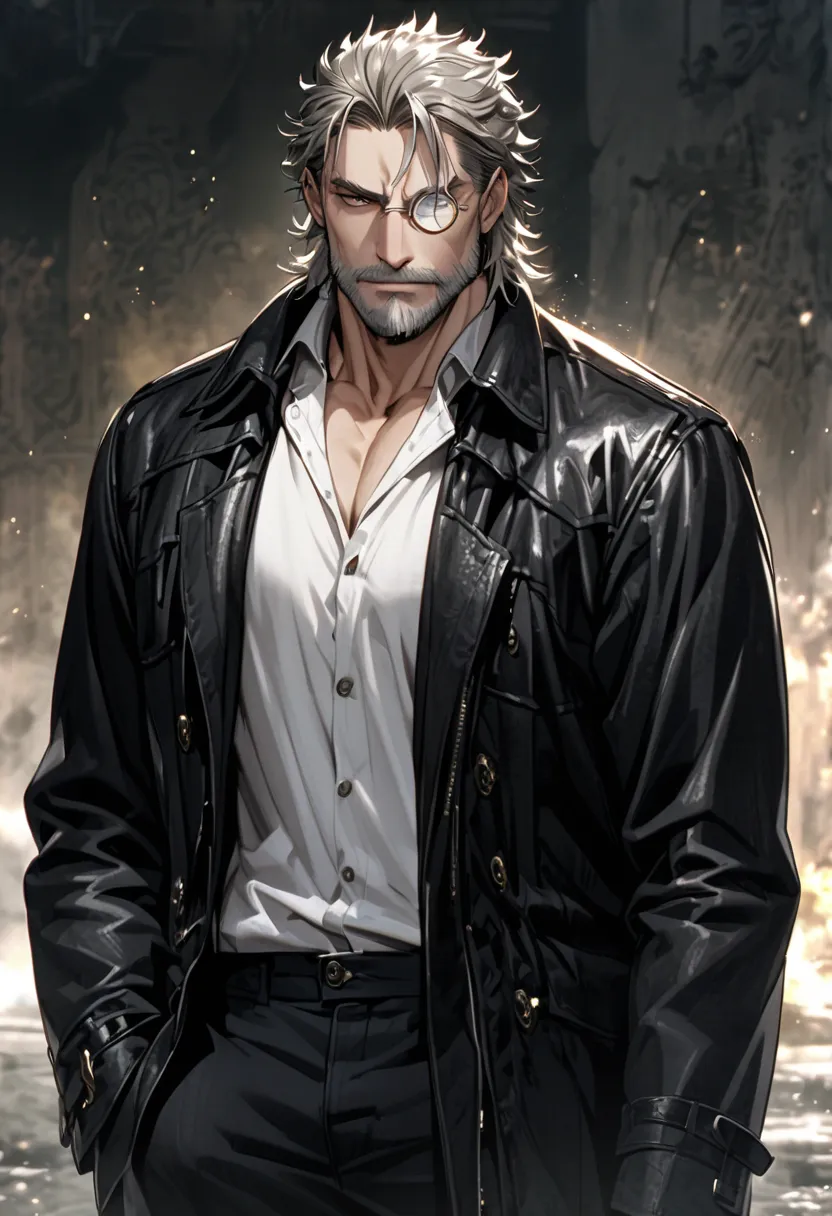 waist shot, male, middle-aged man, muscular, monocle, short hair, flecked hair, beard, hoary hair, black  long jacket, white shirt, black jeans