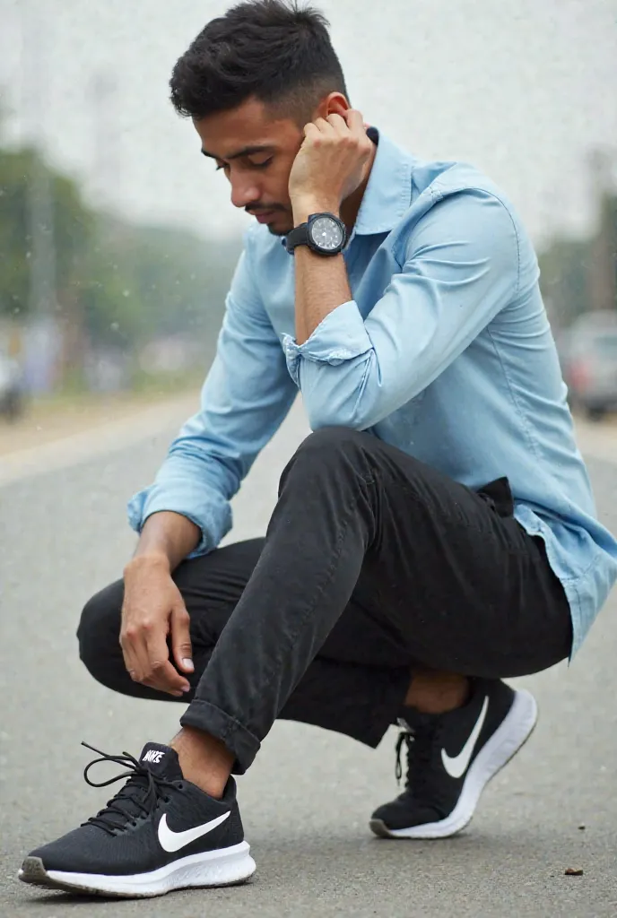 A man wearing a long light blue shirt, black and white Nike trousers and shoes and the young man sits while stroking his shoelaces, there is a watch on his left hand the color black and the background of the streets is deserted.