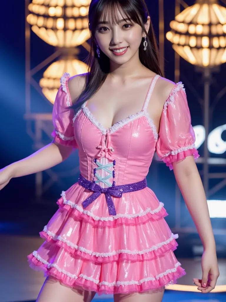 Highly Detailed, realistic image of a young woman、long, For black hair、style with 2 small pink ribbons on both sides. She is wearing a bright, transparent, sparkling pink short dress、it is layered, ruffle design with white frill edging on the sleeves and n...