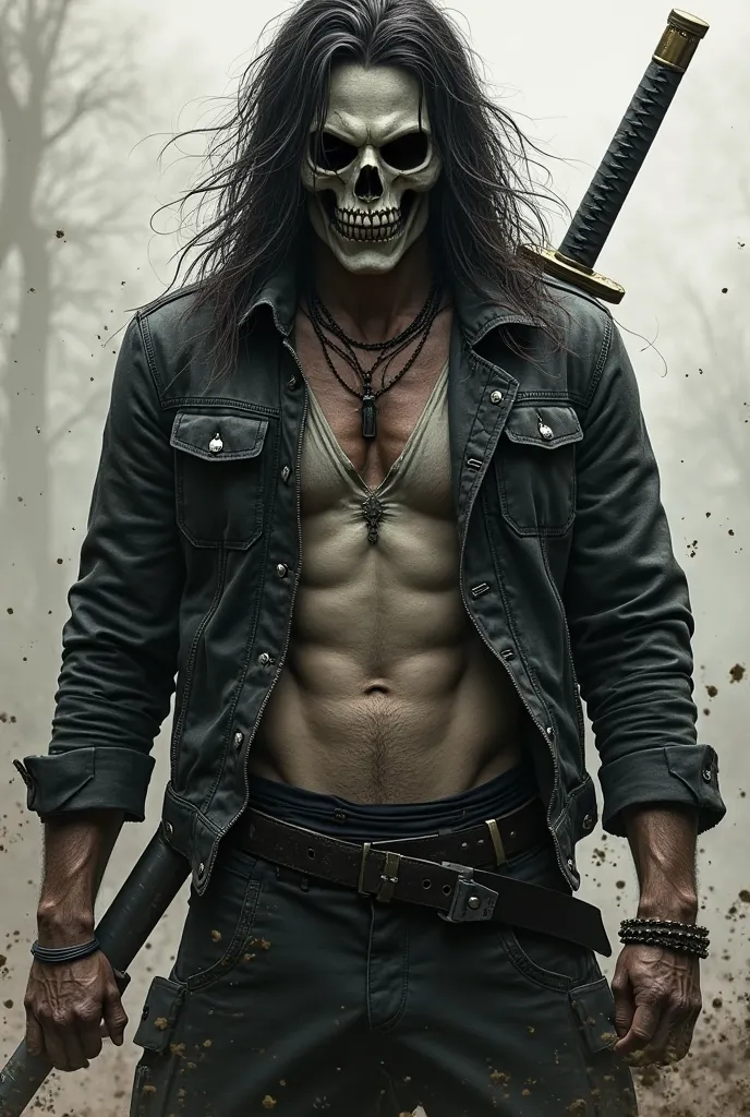 The man with skeleton mask and long messy hair wearing black leather jacket on transparent tshirt and holding his katana