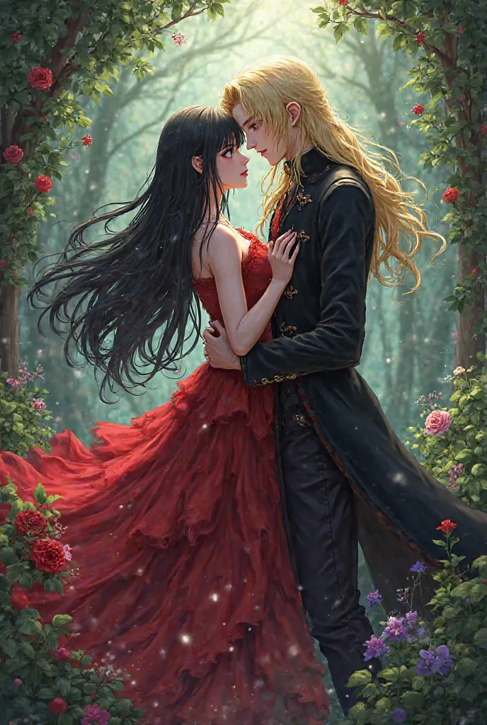 Anime girl with black hair in red dress having very romantic moment in mystical garden with Alucard very long blonde hair and having eyes on her. Style Castelvania.