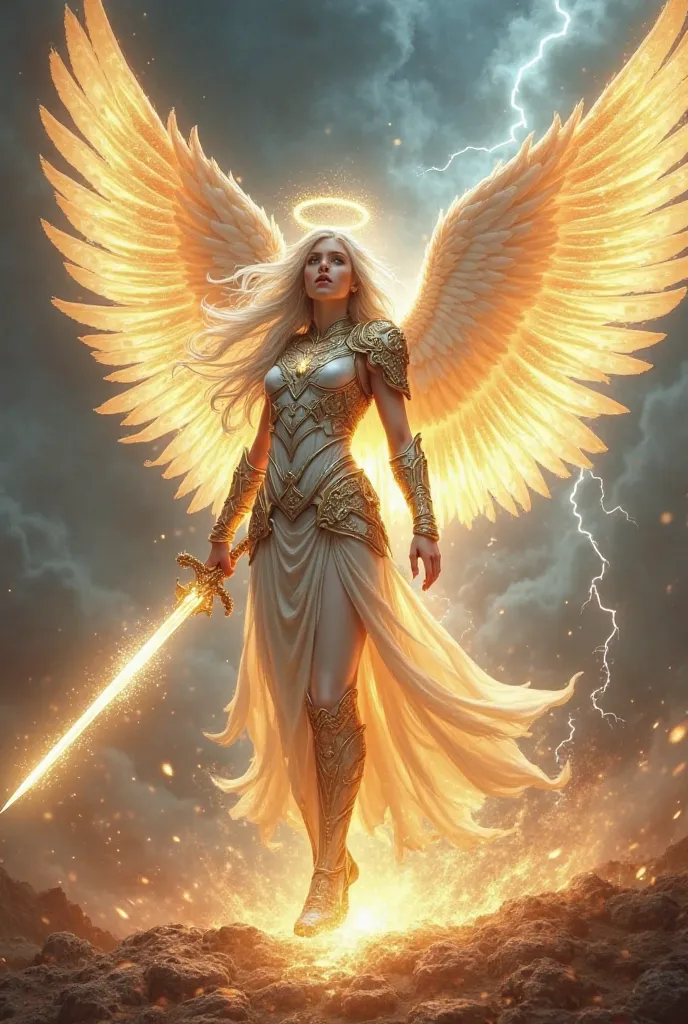  The female warrior angel with a powerful and inspiring appearance. His large, luminous wings are made of shining gold, each feather of which glows like flames of light and spreads through the air. Her eyes shine like stars and their color is silver-gold. ...