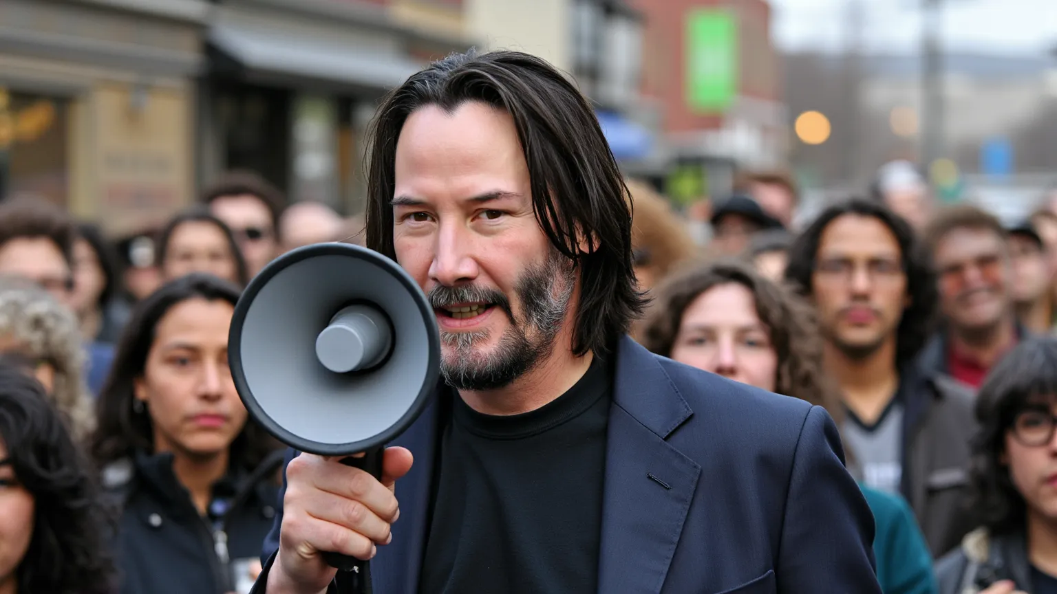 Picture a protest movement in the middle of a small American town. Keanu Reeves is in the center of the frame, who is holding a loudspeaker. against the background of a crowd of people, whose faces are not being examined