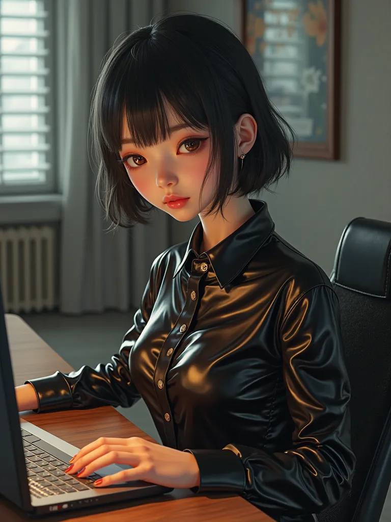 Japanese young girl, is sitting at the computer in the apartment, in extremely tight shiny latex blouse button placket,  long fingernails , Necktie 