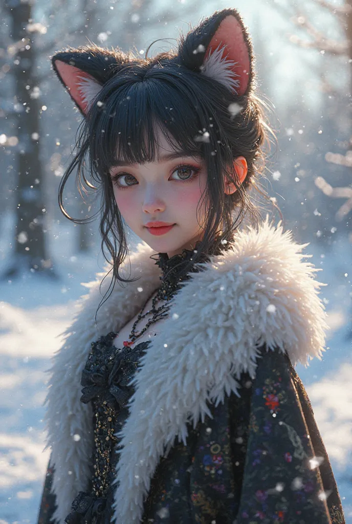 Japanese animation、A woman with a cute smile and beast ears、Fur Coat、Gothic Lolita、Snow Country、4K、fantasy、A fantastic space where snow sparkles with sunlight