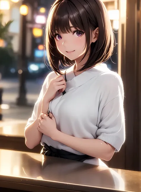   high resolution  ,In 8K, top quality, details,    semi-realistic anime ,    D Anime Style    ,  bar counter with smooth animated CG ,   19-year-old Japanese woman playing athletics、  slim,modeling,((  eyeliner)),(( short bob)),(Maroon Glowing Hair ),(( s...