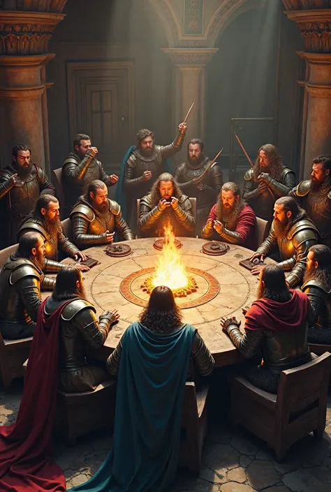 A round table with 12 seats and 12 men seated, some wearing different medieval armor, others in sorcerer costumes and others with bows. In the middle there is a small circle of fire and everyone is seeing it as waiting for the leader to make a decision. So...