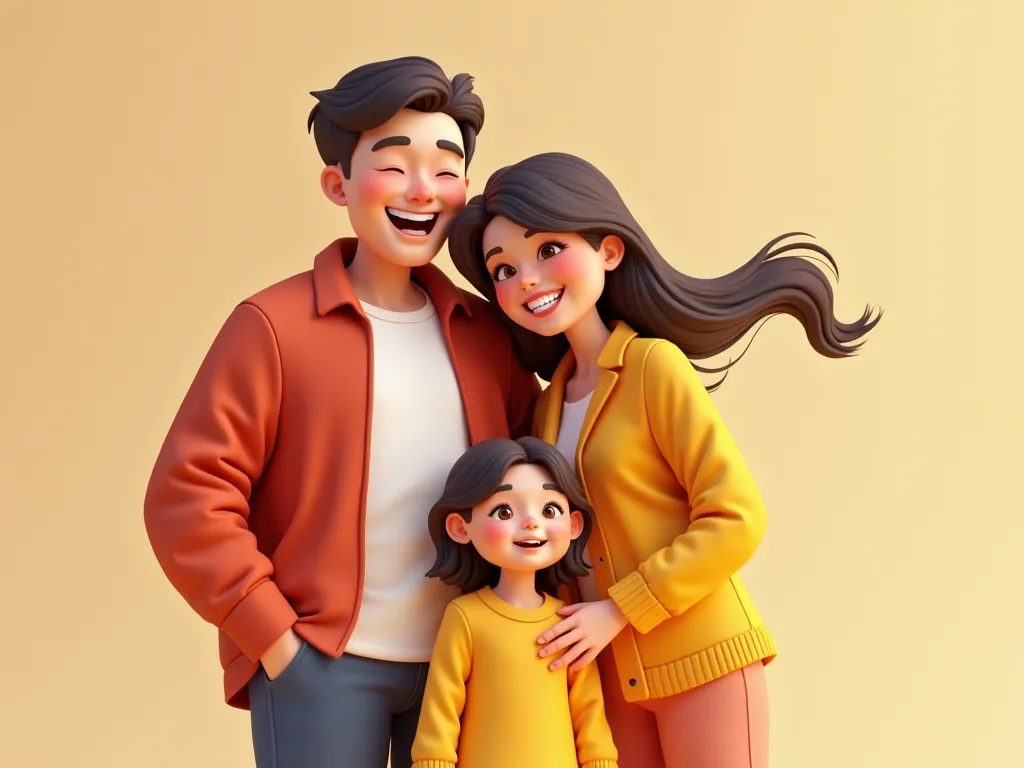 mom&#39;s family, dad and a daughter, smiling happily for a family photo, in 3d drawing