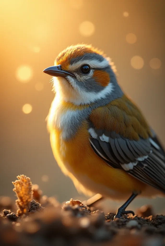 A mesmerizing close-up portrait of a gorgeous little bird illuminated by the soft, golden light of a tranquil morning, with vibrant bokeh balls gently framing its delicate form.