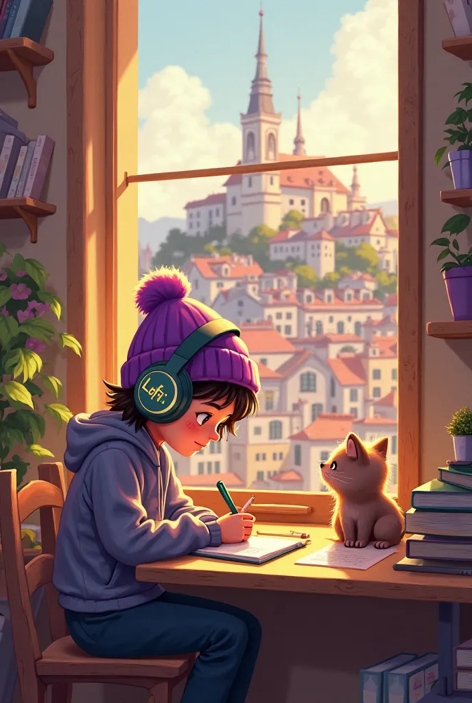 "A cozy, animated-style illustration of a young person wearing a purple beanie and large headphones labeled 'Lofi,' sitting at a wooden desk in a warmly lit room. They are writing in a notebook with a thoughtful expression, while a small, fluffy, cat-like ...