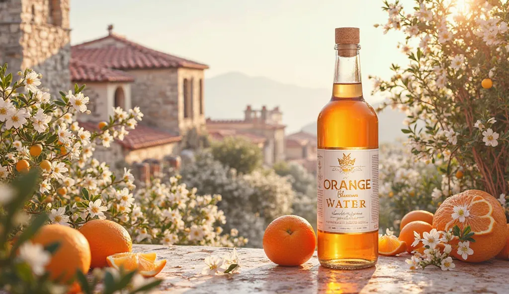 A modern orange blossom water label design features a picturesque Lebanese village in the background. The scene features traditional stone houses with red-tiled roofs, surrounded by white lemon orchards and bright gardens filled with blooming orange blosso...