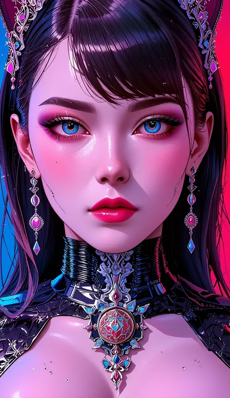 top-quality))、((masterpiece)、cyberpunked、catgirl, revealing cyberpunk clothing, purples, blues, reds, (andy warhol), illustrated anime, retro style classic, big breasts, no background, neon colorsplash background, glitter dust, ethereal, shiny skin,