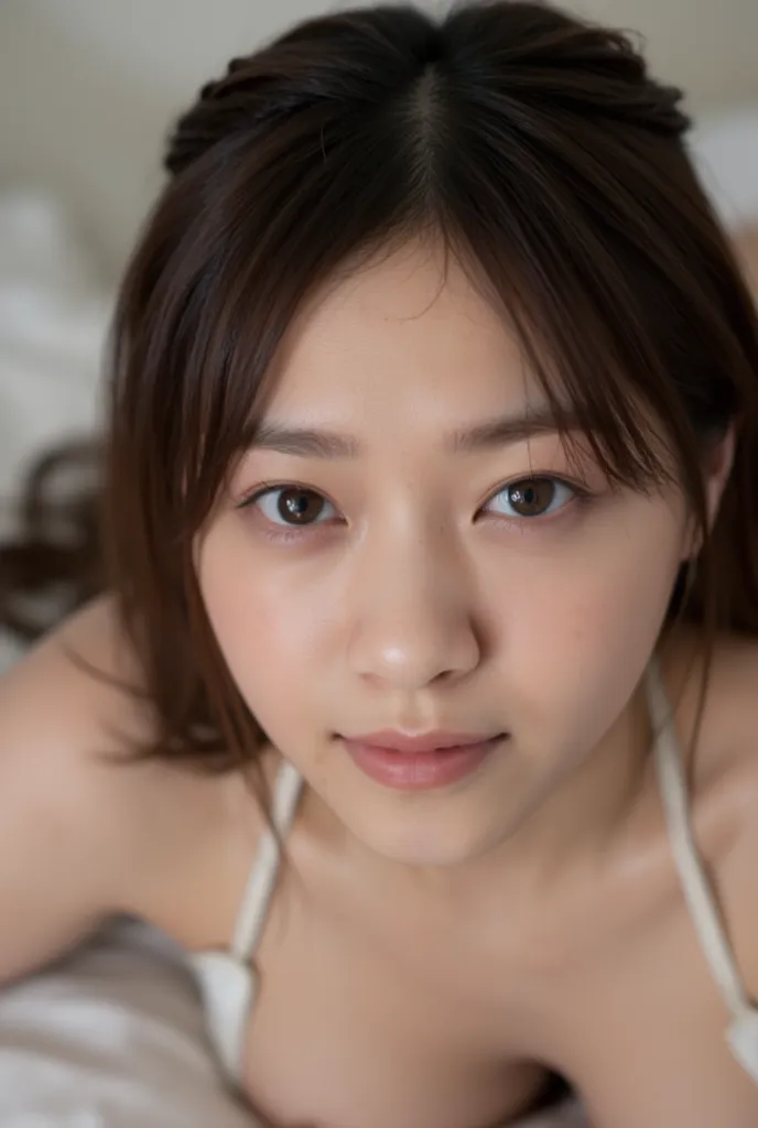 Photorealistic, 8k, soft diffused afternoon light, 1 girl, Japanese, 163 cm tall ,  Wet Dark Brown Hair , naked,  Nasty eyes facing the camera,An upshot of the face from directly above the semen on the face, flat on the bed with mouth wide opened, on the b...