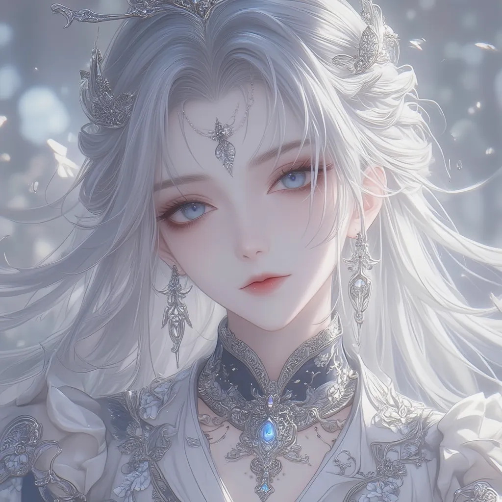 anime style noble lady with long silver hair blue eyes and silver jewelry
