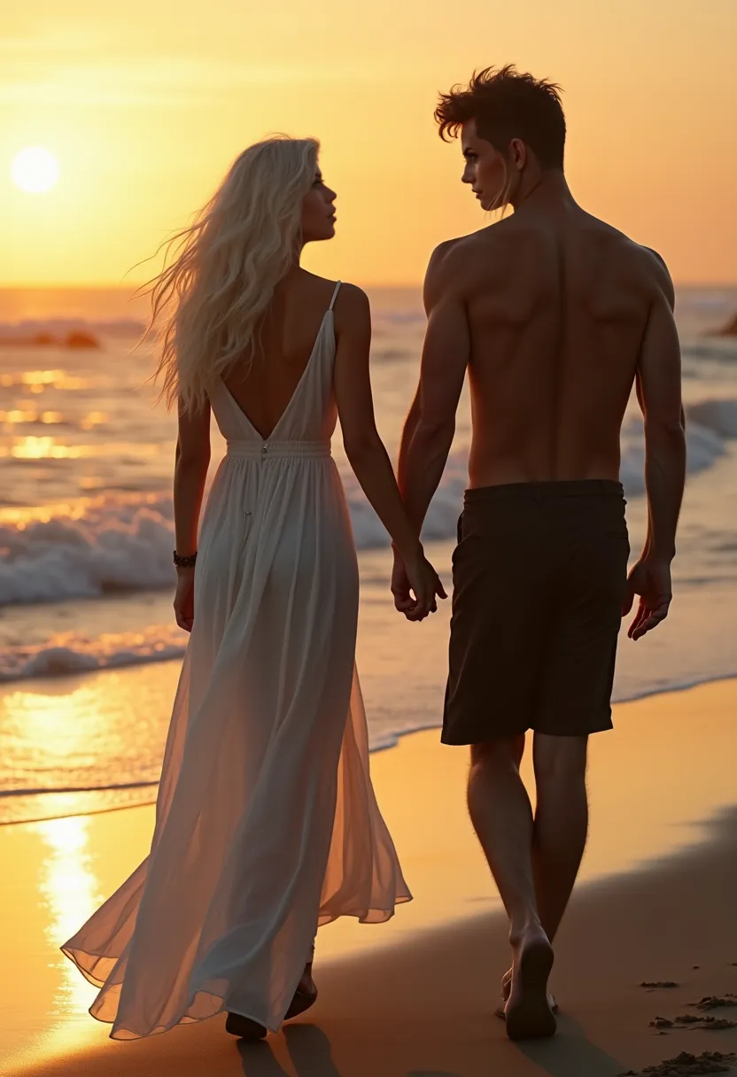 A beautiful Instagram model with long white hair and green eyes walks along a beach at sunset, her pale skin illuminated by the warm light. She wears a long, flowing dress that catches the breeze, accentuating her graceful movements. Behind her, her Black ...