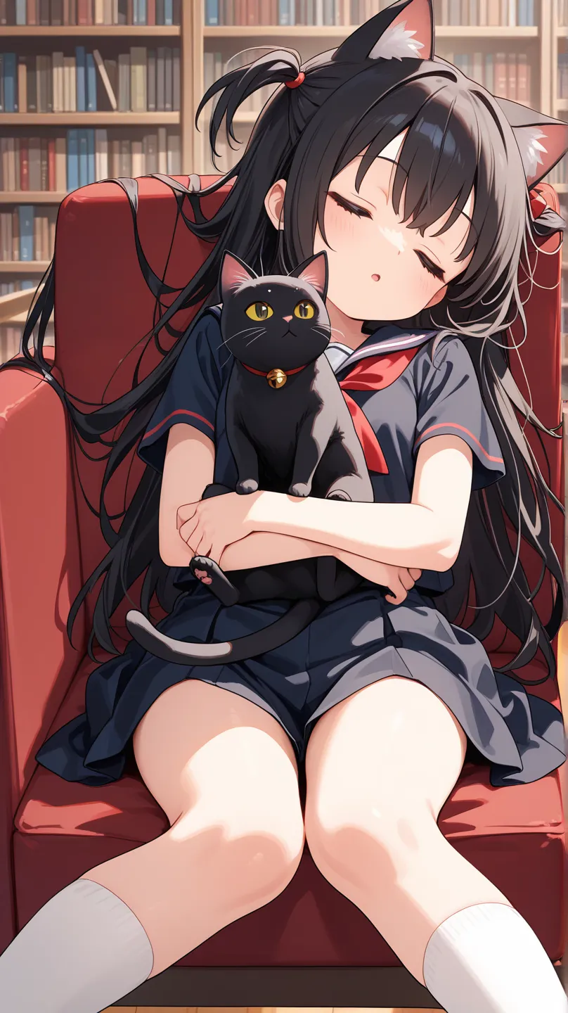 cute black cat sleeping in the library