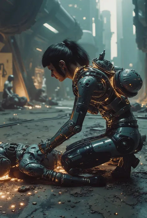 Android with transparent skin showing the mechanism of her body with LEDs between them, He's crouching up fixing another android on the broken floor with sparks coming out, Look at the camera , Cyberpunk city background with characters from different galac...