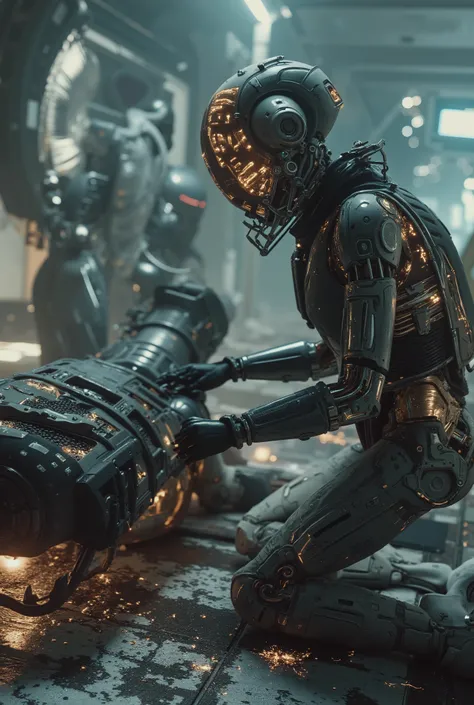 Android with transparent skin showing the mechanism of her body with LEDs between them, He's crouching up fixing another android on the broken floor with sparks coming out, Look at the camera , Cyberpunk city background with characters from different galac...