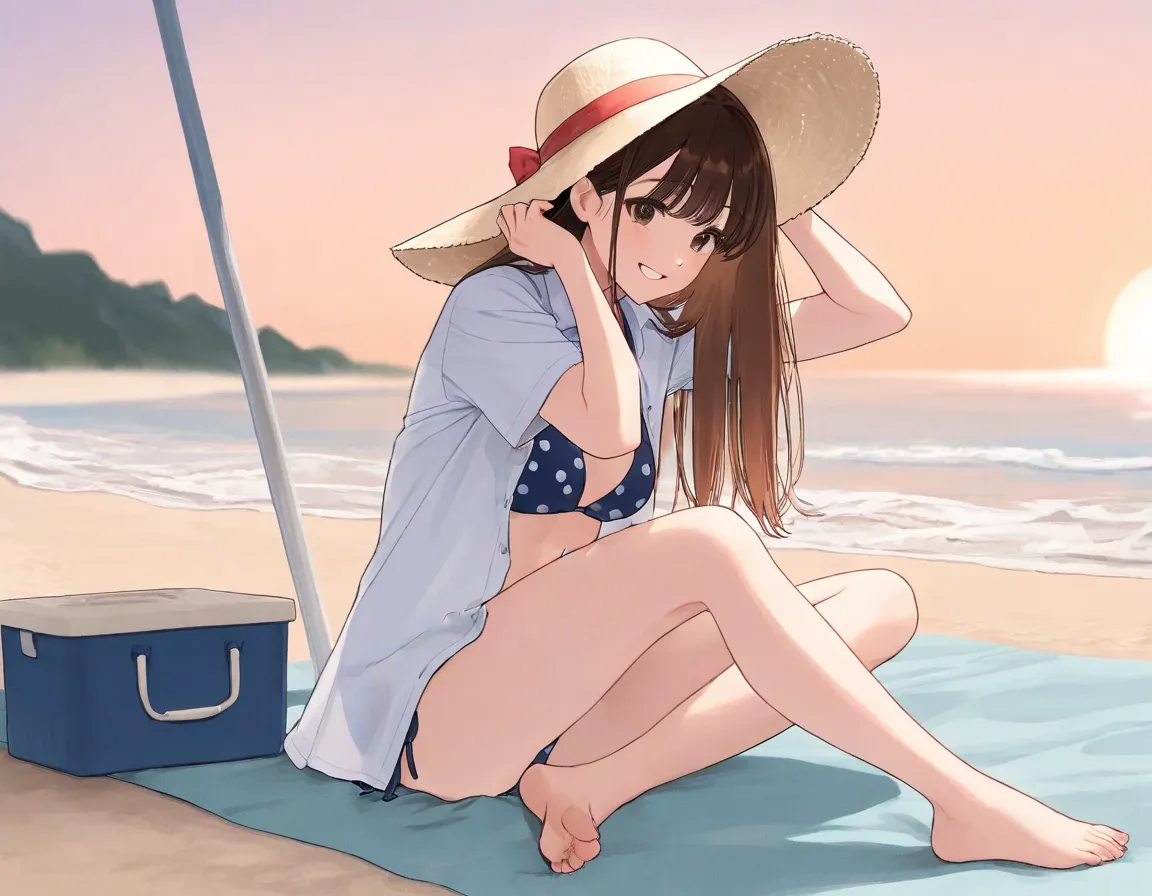 girl, loose brown hair, Smiles sweetly, straightens hair behind the ear, wide-brimmed summer hat, beach,  is sitting, swimsuit, open waist, an unbuttoned shirt,  barefoot