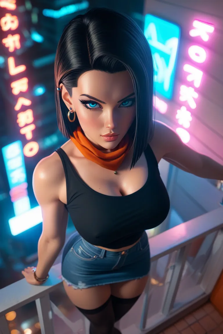 A female version of Android 17 from Dragon Ball Z, beautiful. She has medium, flowing black hair, and piercing blue eyes that captivate with their intensity. Her expression is both confident and alluring. She wears a form-fitting black shirt, a short jean ...