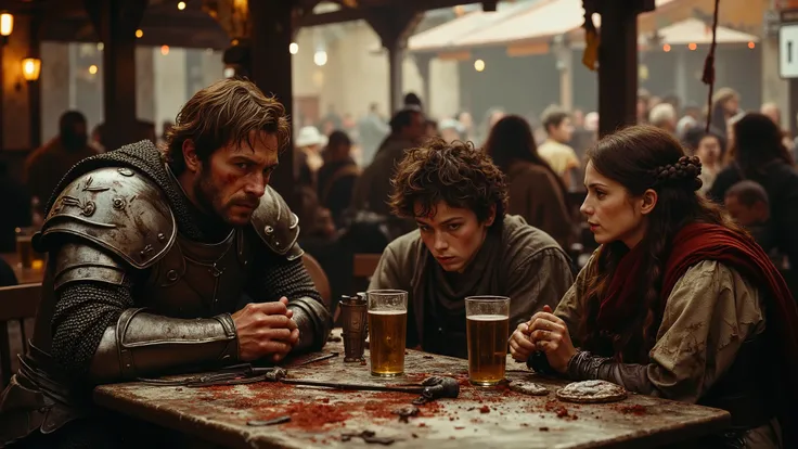 3 people sitting at a table in a crowded, rowdy medieval beergarden: Person 1: A haggard, Caucasian male knight in dented, blood-streaked platemail armor sitting at a scarred picnic table in a crowded, rowdy medieval beergarden, clean shaven with brown hai...