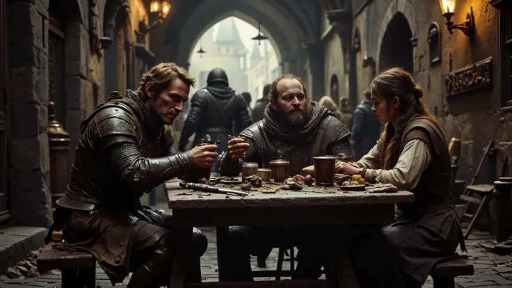 3 people sitting at a table in a crowded, rowdy medieval beergarden: Person 1: A haggard, Caucasian male knight in dented, blood-streaked platemail armor sitting at a scarred picnic table in a crowded, rowdy medieval beergarden, clean shaven with brown hai...