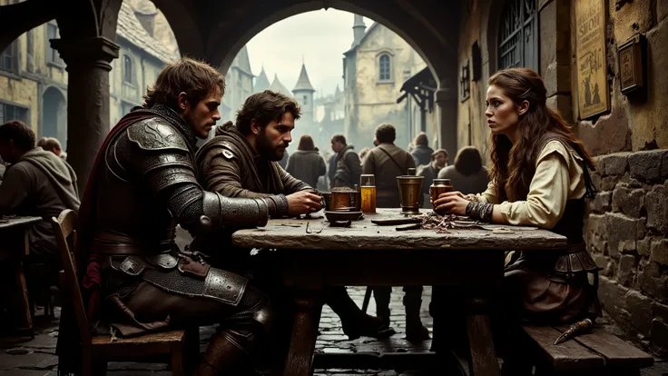3 people sitting at a table in a crowded, rowdy medieval beergarden: Person 1: A haggard, Caucasian male knight in dented, blood-streaked platemail armor sitting at a scarred picnic table in a crowded, rowdy medieval beergarden, clean shaven with brown hai...