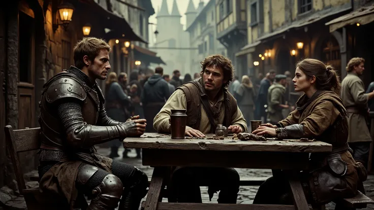 3 people sitting at a table in a crowded, rowdy medieval beergarden: Person 1: A haggard, Caucasian male knight in dented, blood-streaked platemail armor sitting at a scarred picnic table in a crowded, rowdy medieval beergarden, clean shaven with brown hai...