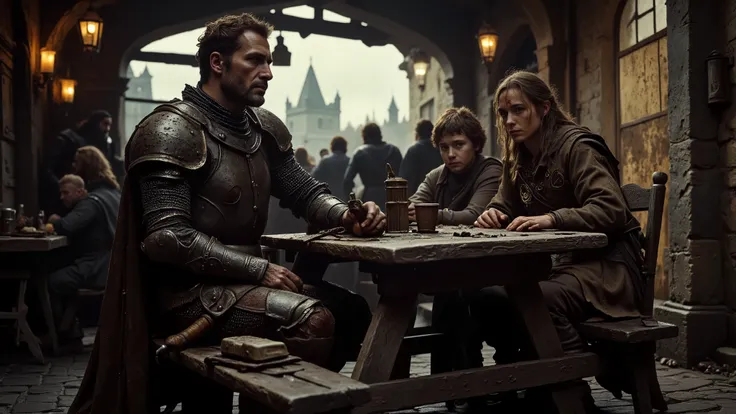 3 people sitting at a table in a crowded, rowdy medieval beergarden: Person 1: A haggard, Caucasian male knight in dented, blood-streaked platemail armor sitting at a scarred picnic table in a crowded, rowdy medieval beergarden, clean shaven with brown hai...