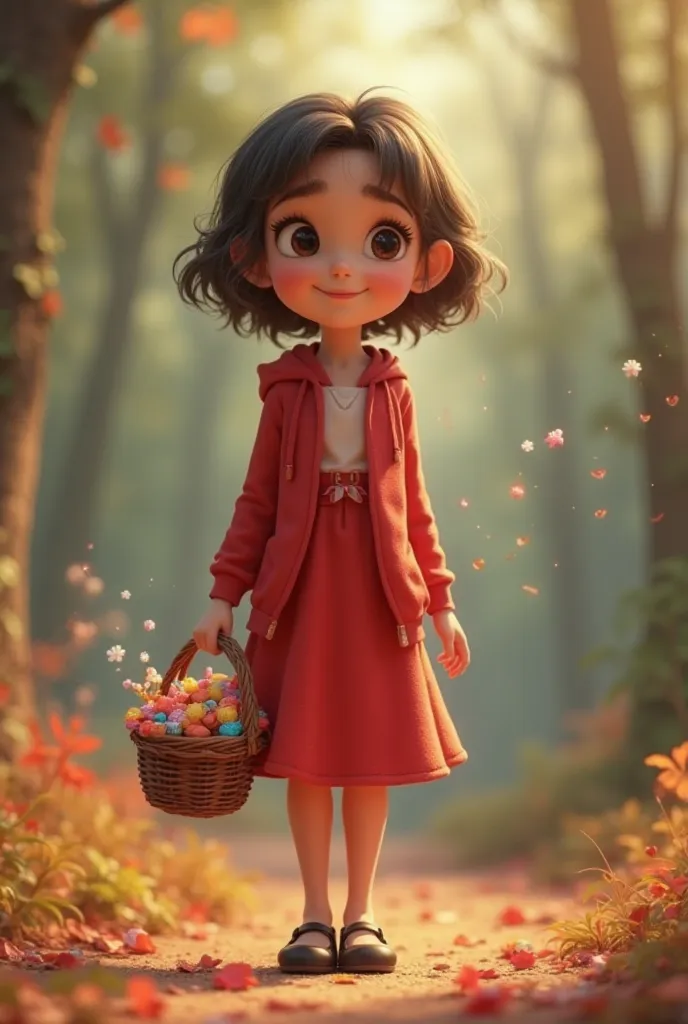 A  short ear-length hair wavy dark brown ,  dark brown almond eyes  , she is dressed in a knee-length red dress with a white collar and black shoes , wearing a red hoodie thrown back and a basket of candies in her right hand , expressing tenderness and hap...