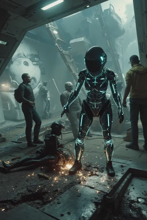 Android with transparent skin showing the mechanism of her body with LEDs between them, He's crouching up fixing another android on the broken floor with sparks coming out, Look at the camera , Cyberpunk city background with characters from different galac...