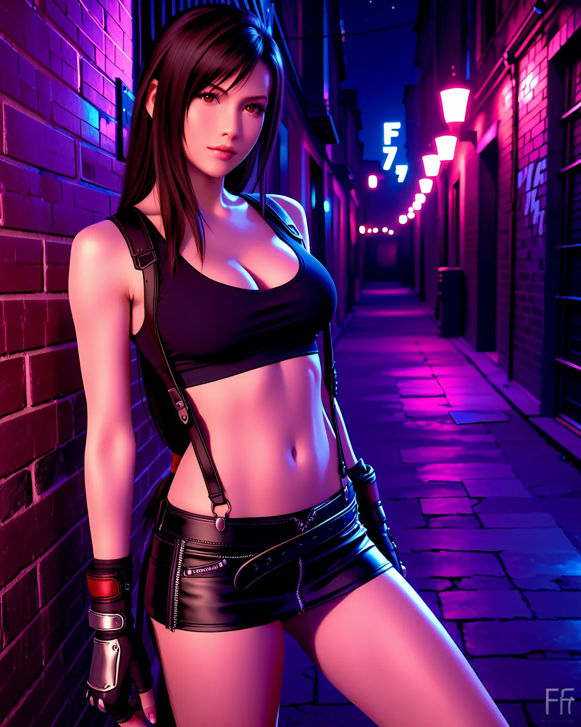 (top quality, masterpiece: 1.1), (realistic: 1.3), (nsfw), (((FF7,Tifa_Lockhart))),( 1girl ),Seductive pose,(cowboy shot),(alley,night)