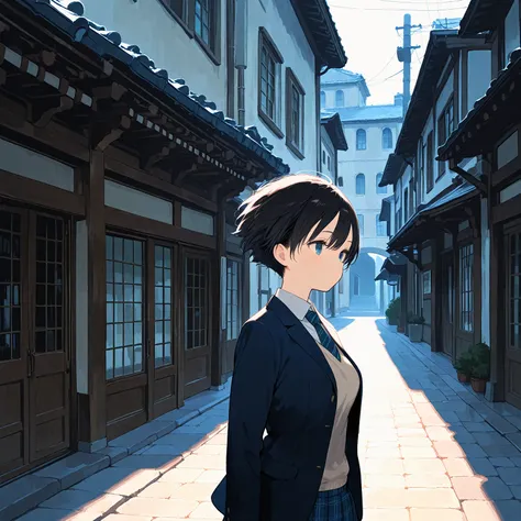 (masterpiece), (best quality), (ultra-detailed), artist:fujiyama, 1girl, very short hair, breasts, route of a school, wind, very aesthetic,cinematic lighting
