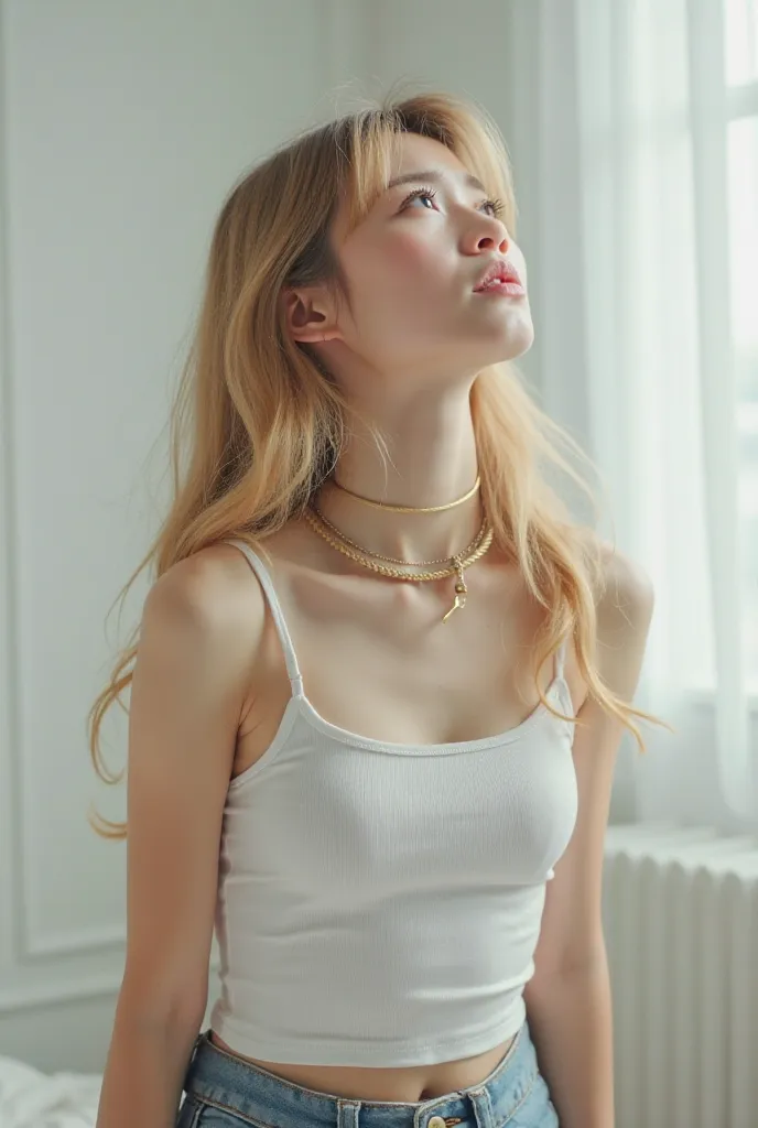 A beautiful 17-year-old gold-haired Korean girl with a white undershirt, short jeans, and a thin neck has a painful expression and shows tendons in her neck while looking at the sky with a rope all over her neck.