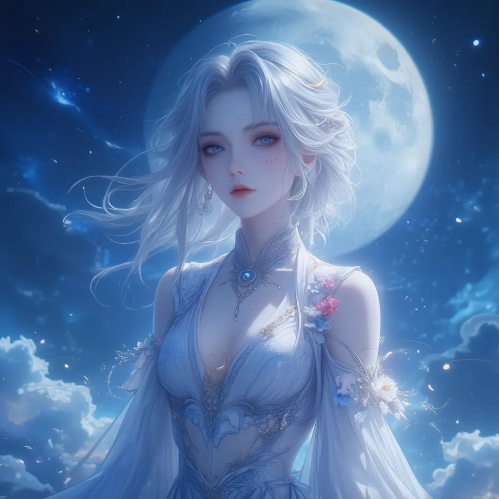 anime style noble lady with short silver hair midnight blue eyes and moon symbols
