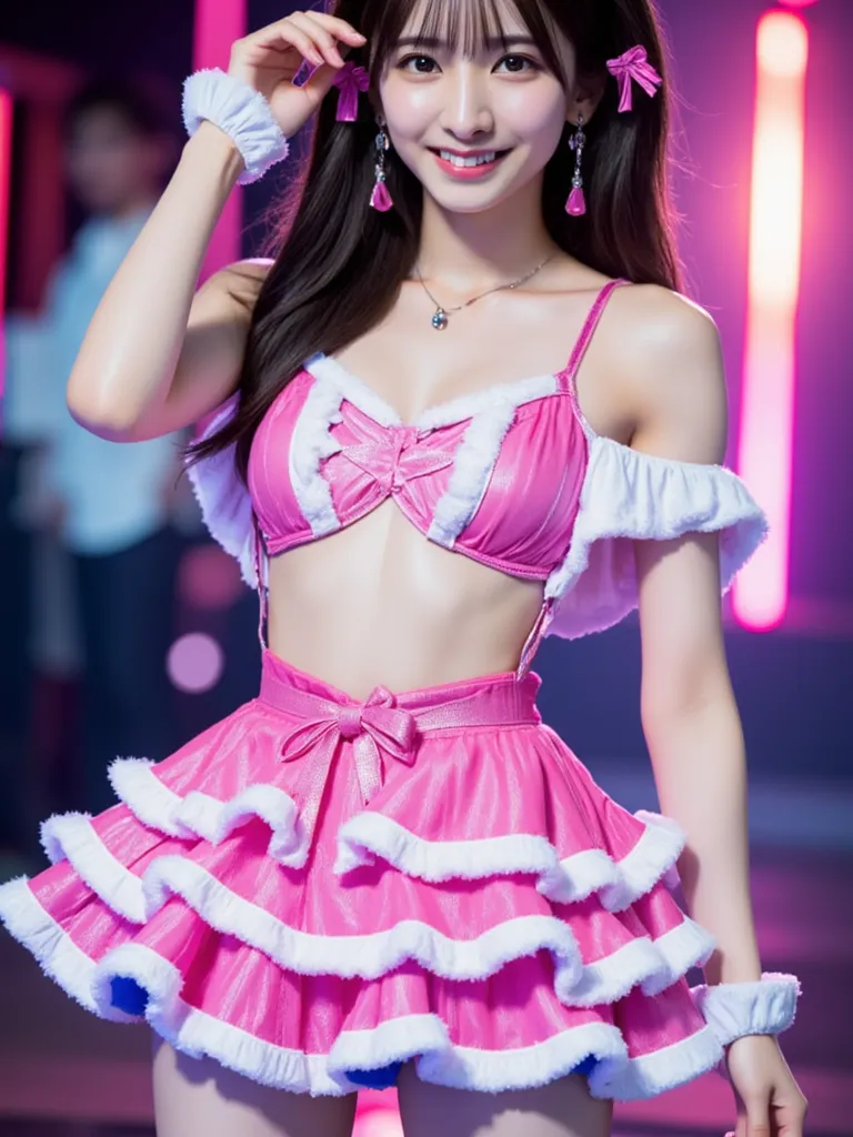 Highly Detailed, realistic image of a young woman、long, For black hair、style with 2 small pink ribbons on both sides. She is wearing a bright, transparent, sparkling pink short dress、it is layered, ruffle design with white frill edging on the sleeves and n...