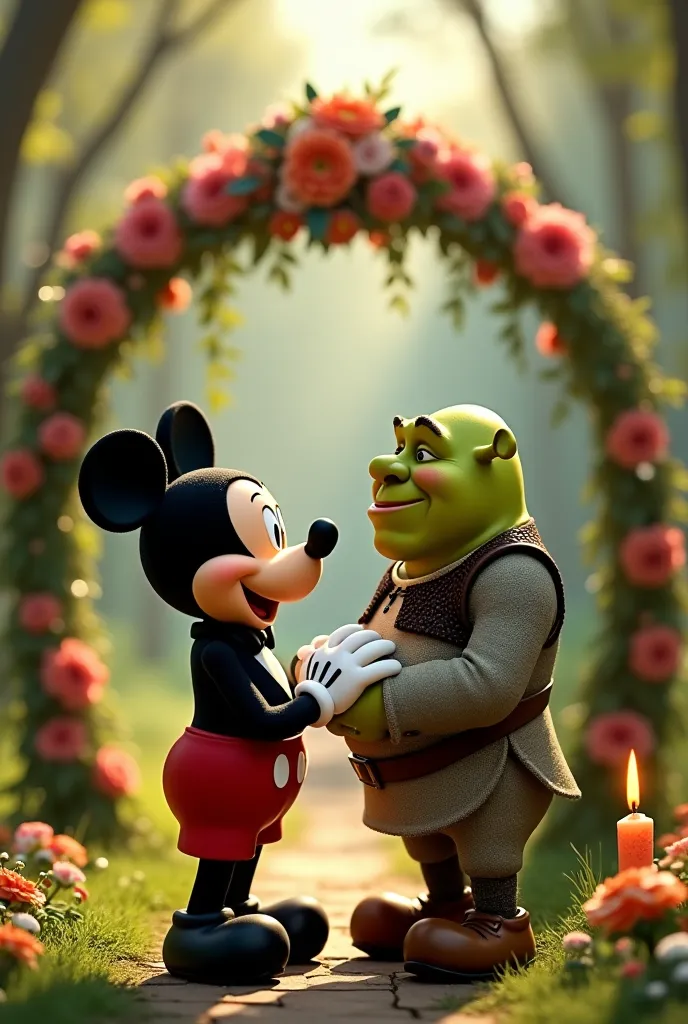 Mickey Mouse marrying Shrek with bouquet of flowers and wedding candle