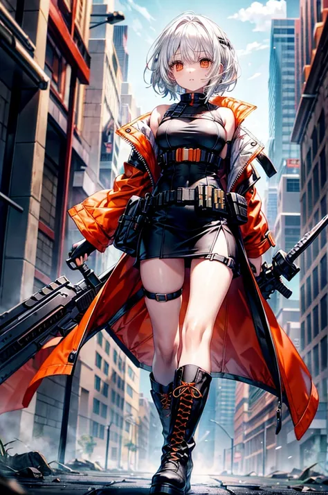 white hair orange eyes wearing black boots orange accessories tube top Equipped tactical vest sword