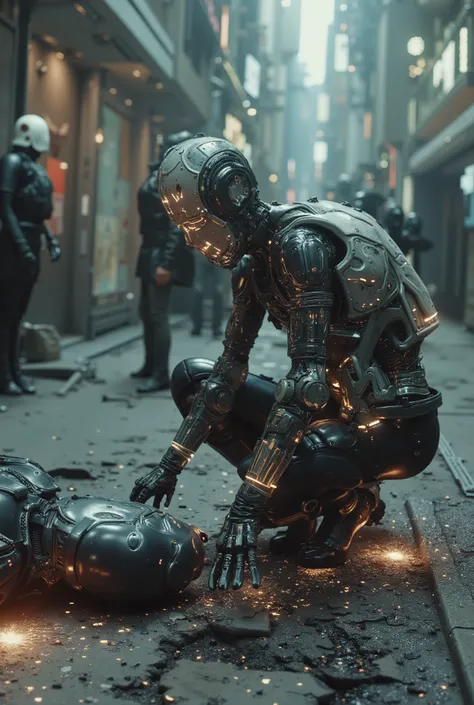 Android with transparent skin showing the mechanism of her body with LEDs between them, is crouching down fixing another android on the broken floor with sparks coming out, Look at the camera , Background is on the street of a cyberpunk city with character...