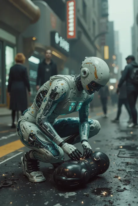 Android with transparent skin showing the mechanism of her body with LEDs between them, is crouching down fixing another android on the broken floor with sparks coming out, Look at the camera , Background is on the street of a cyberpunk city with character...