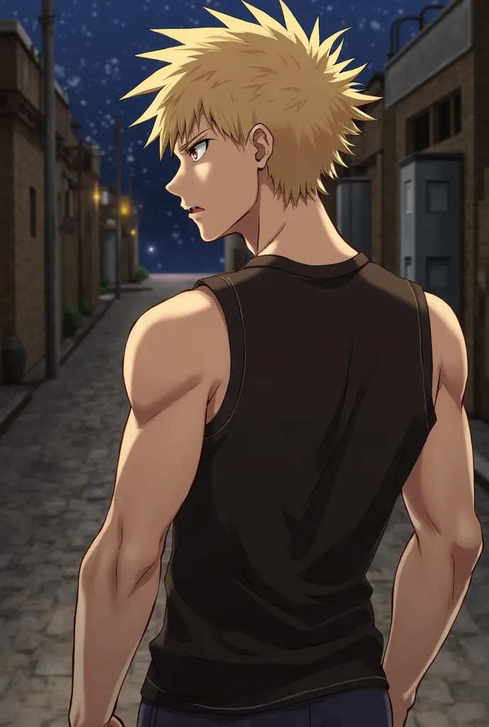 Bakugo katsuki, red eyes, blond hair,  details,  details background, short hair,broad shoulders,  Muscular Male , 1 boy, One,  male focus , black tank top, 8 k, background with an alley, turned towards the viewer, angry expression, Five toes, evening, youn...