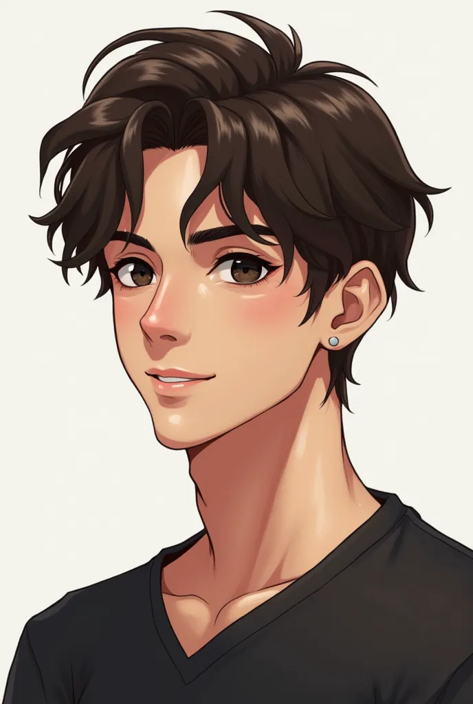 Create a male character with the following characteristics: eye color is black, short hair, brown and wavy , Who does not have lenses that looks like an age of 20 with a slight smile, white or light skin tones 