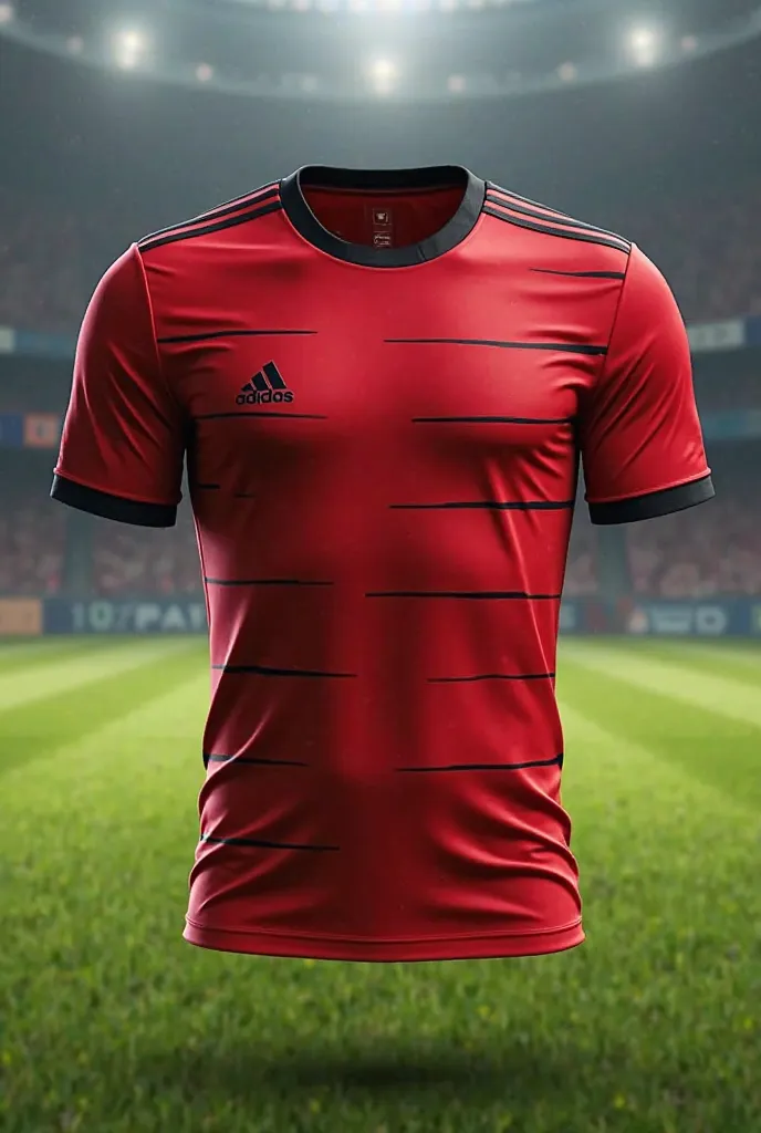 Make me a soccer shirt in which the main color is red and with thin black stripes