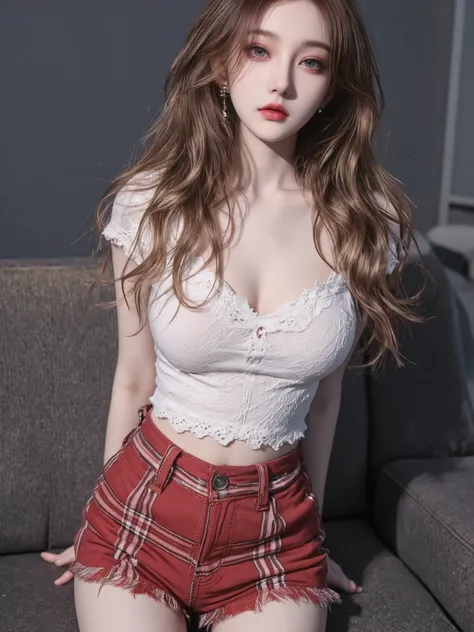 Single, pretty chinese girl ,23 years old, blue eyes, Lips,Light brown long curly hair,Big breasts(d),Big earrings,v-neck lace t-shirt,super short red and white plaid skirt,Don't wear glasses on your head , masterpiece,Best Quality,Jewelry,Ultra high reso...