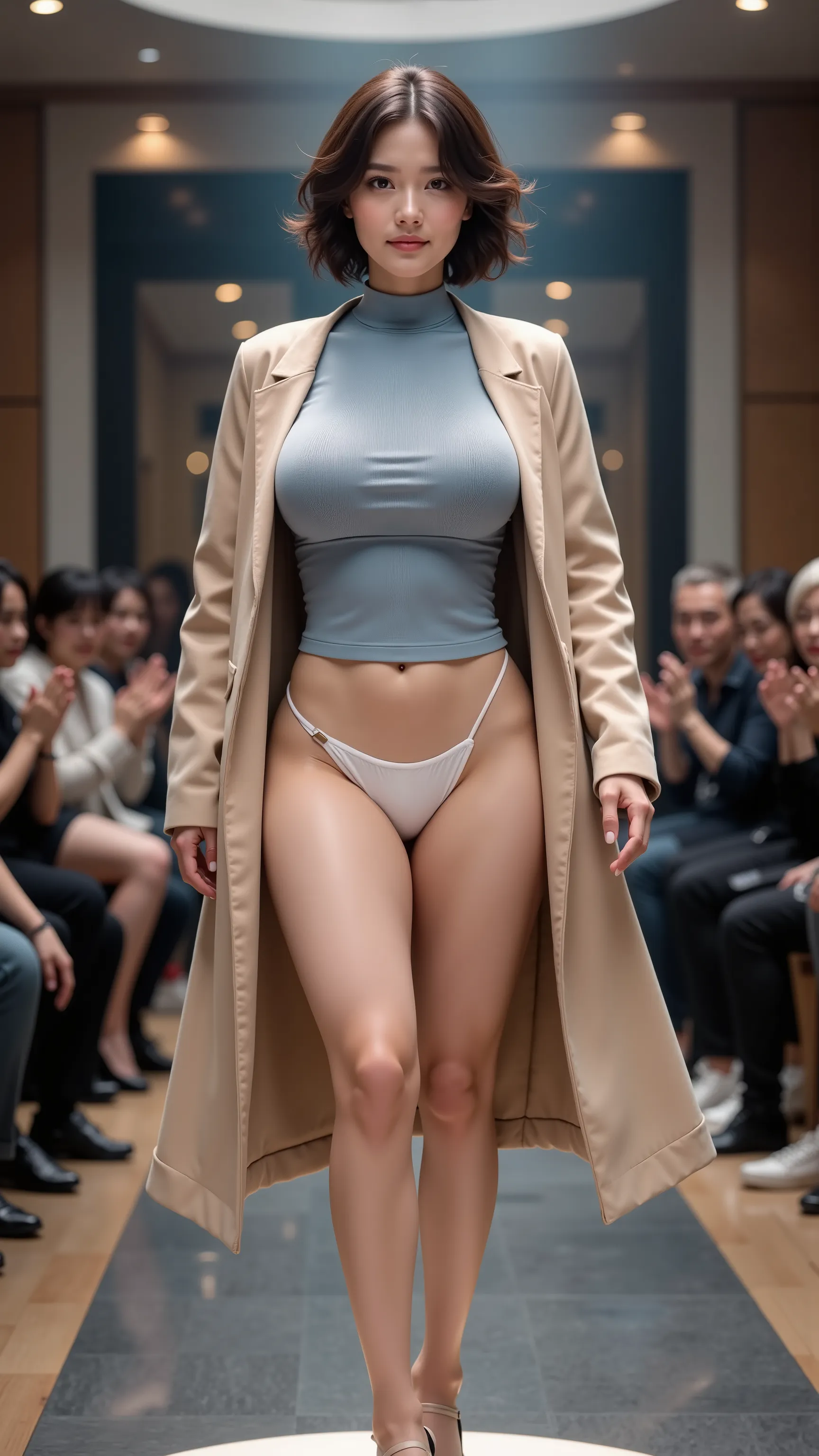 Beautiful French women，vertical viewing angle，Short hair with small volume curls,Oversized boobs, big ass, thin waist, , The curve is obvious, full body，Beige high neck loose clothing，Double layer hollow design，and a light blue tight turtleneck cotton coat...